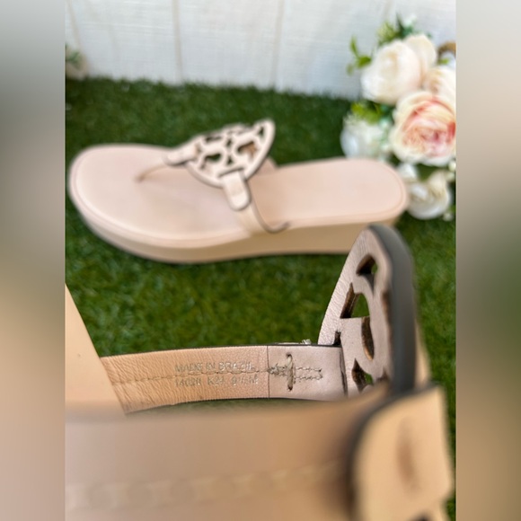 Tory Burch  MILLER WEDGE SANDAL
$275 size 9.5 gently used
Color: Soft Pink - Picture 15 of 16